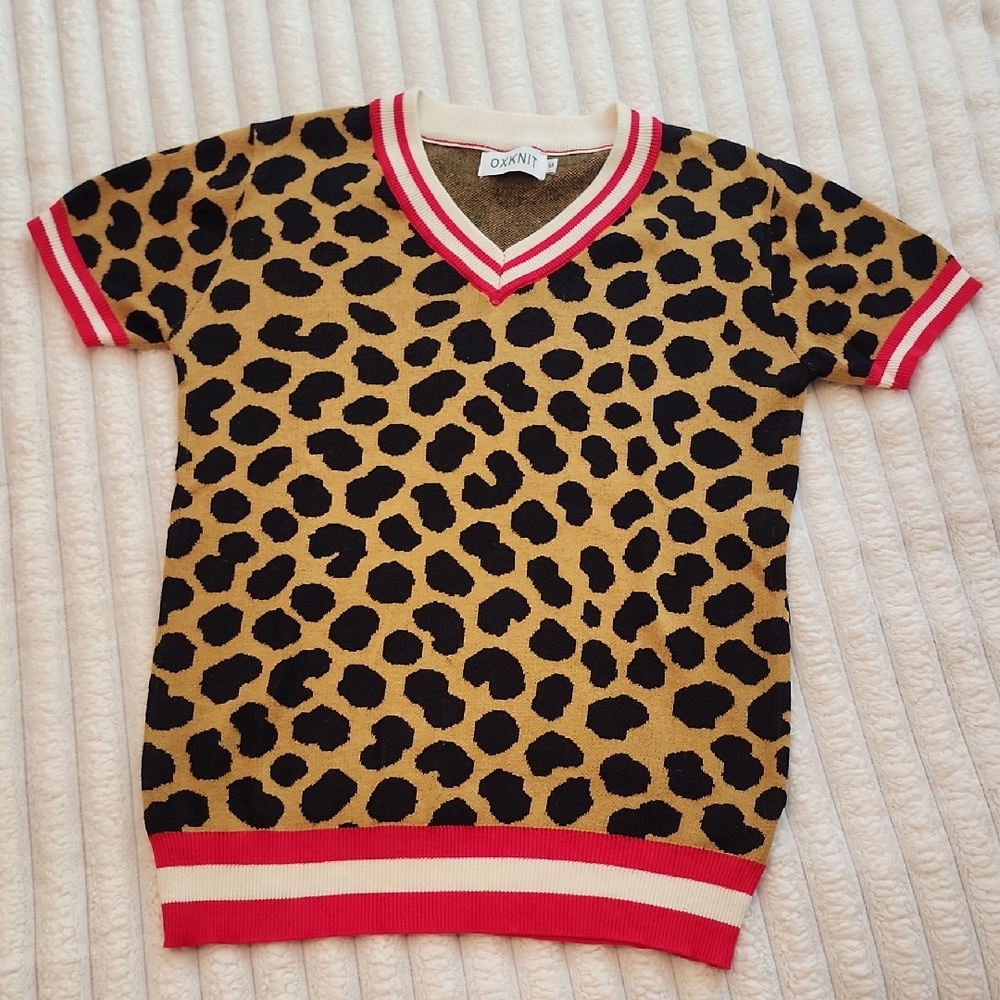 Oxknit Short Sleeve Cheetah Print Sweater